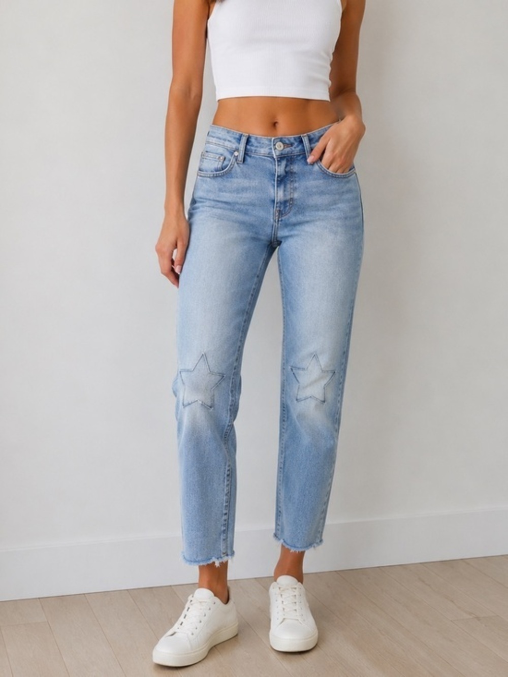 H&M Coachella Never Look Back Star Patch Raw Hem Cropped Skinny Size Jeans 8